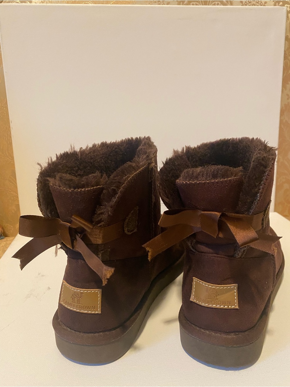 Camel Crown Fur-Lined Ankle Boots with Ribbon Detail